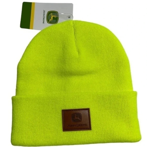 John Deere Men’s Beanie Cuffed Stocking Cap Hat Leather Patch Yellow